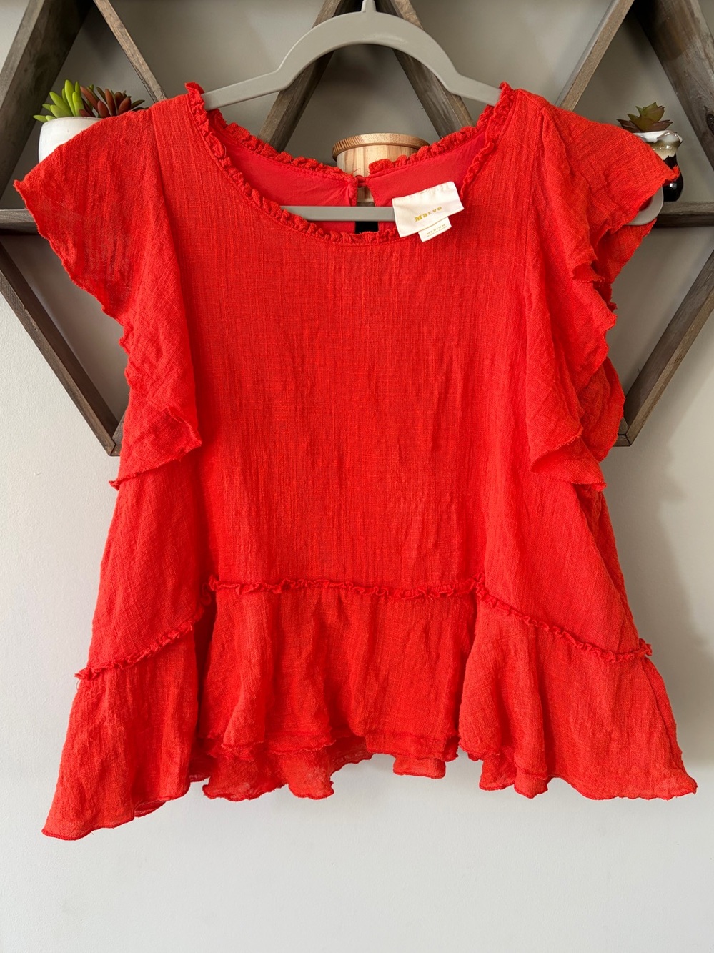 Anthropologie MAEVE Cascade Red Cotton Gauze Tiered Flutter Top Medium - Picture 4 of 9